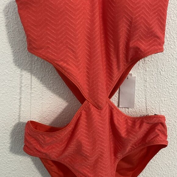 NWT-Trina Turk-Peach & gold- High Neck One Piece Swimsuit- side cut outs-Size 12 - Picture 9 of 16
